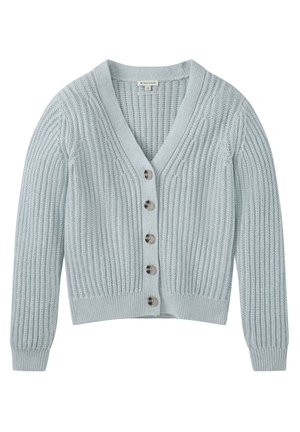 Hellblauer, gerippter Cardigan mit V-Ausschnitt, sieben Knöpfen vorne und enganliegenden Bündchen und Saum. Hergestellt aus weichem Strickmaterial.