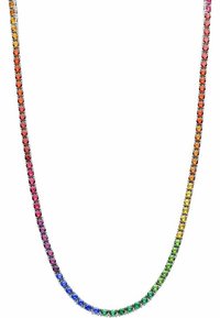 Rhinestone halskæde med en gradient af farver fra pink, lilla, blå, grøn, gul, orange til rød, sat i en sølvfarvet metal kæde.