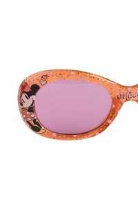 Lunettes de soleil orange avec des pois roses et un design Minnie Mouse. Elles ont une forme ronde et des verres violets, avec des accents scintillants.