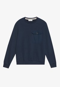 Navyblauwe sweatshirt van zachte, textuurstof. Kenmerkt een geribbelde ronde hals, lange mouwen en een borstzak met een knoopsluiting.