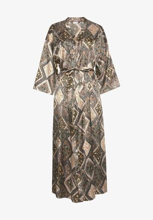 Long, patterned robe in silk-like fabric. Features diamond shapes in brown, green, and gold tones. Includes a tie belt and wide sleeves.