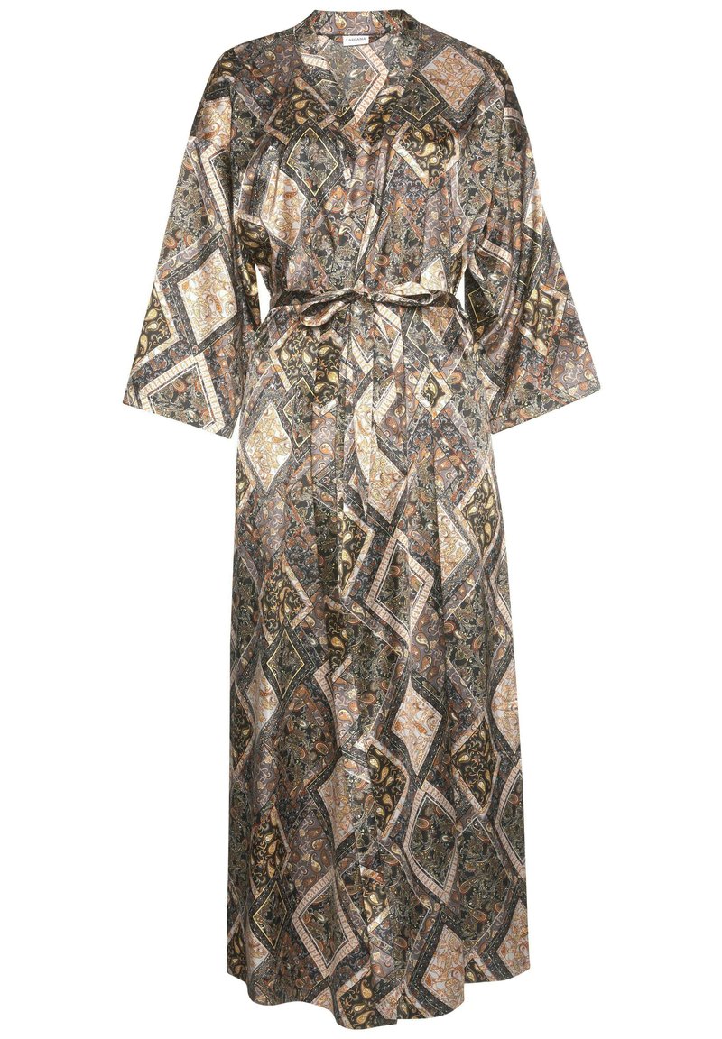 Long, patterned robe in silk-like fabric. Features diamond shapes in brown, green, and gold tones. Includes a tie belt and wide sleeves.