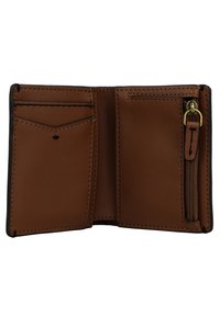 Brown leather wallet interior with card slots, a zippered coin pocket, and contrasting black stitching. Smooth texture and compact design.