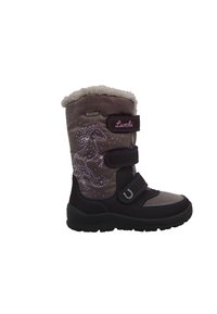 Botte d'hiver violette et grise avec col en fausse fourrure, dotée de deux bandes Velcro et d'un motif de licorne décoratif avec des strass.