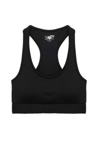 Sort sports-bh lavet af strækbart materiale, med racerback-design, bred elastik under barmen og bløde sømme for komfort. Størrelse S.