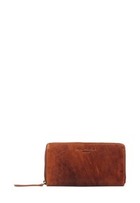 Brown leather wallet with a smooth texture, zippered closure, and embossed logo. Rectangular shape with a slim profile.
