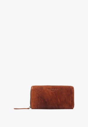 Braune Lederbörse mit glatter Textur, Reißverschluss und geprägt Logo. Rechteckige Form mit schlankem Profil.