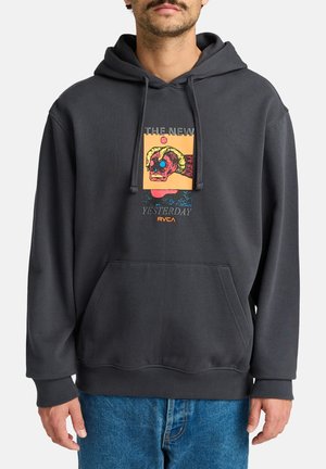 Dark gray hoodie with a front kangaroo pocket, featuring a colorful graphic design and drawstrings at the hood. Made from soft fabric.