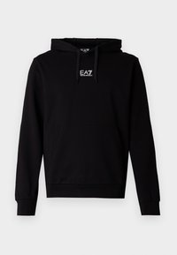 Sudadera negra con capucha y bolsillo delantero, con el logo blanco EA7 Emporio Armani centrado en el pecho.