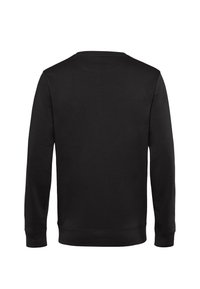 Zwarte sweatshirt met lange mouwen, een ronde halslijn en ribgebreide manchetten en zoom. De stof lijkt zacht met een gladde textuur.