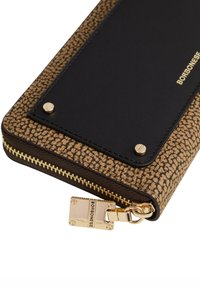 Black leather wallet with brown textured accents, gold zipper, and hardware. Features a logo plate and smooth, structured design.