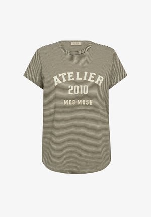 Czarna i biała koszulka w paski z krótkim rękawem, z napisem "ATELIER 2010 MOS MOSH" na przedzie, okrągły dekolt, luźny krój.