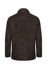 Giacca in pelle marrone scuro con maniche lunghe, polsini abbottonati e dettagli di cucitura visibili, mostrata sul retro su uno sfondo bianco.