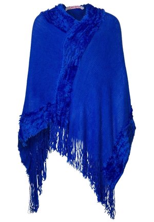 Blauwe poncho met een getextureerde, harige kraag en franjes aan de randen. Zacht gebreid stof verhoogt het comfort en de warmte.
