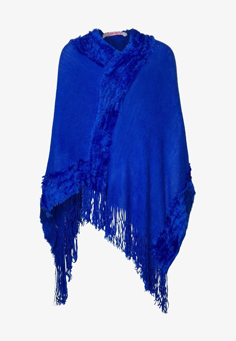 Poncho blu con colletto texturizzato e peloso e bordi frangiati. Il morbido tessuto a maglia aumenta il comfort e il calore.
