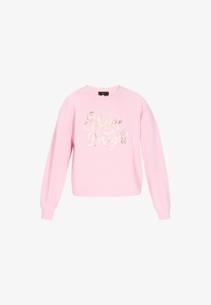 Roosa pusak, pikad varrukad, ümar kaelus ja veidi lühendatud äär, mille esiküljel on metallik kullast kiri "Shine Bright".