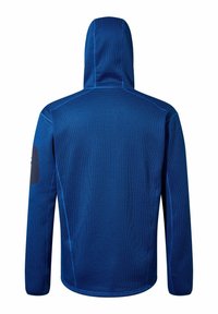 Blauer Kapuzenpullover aus strukturiertem Stoff, taillierte Passform, lange Ärmel und kontrastierende Akzente an der Schulter und den Nähten.