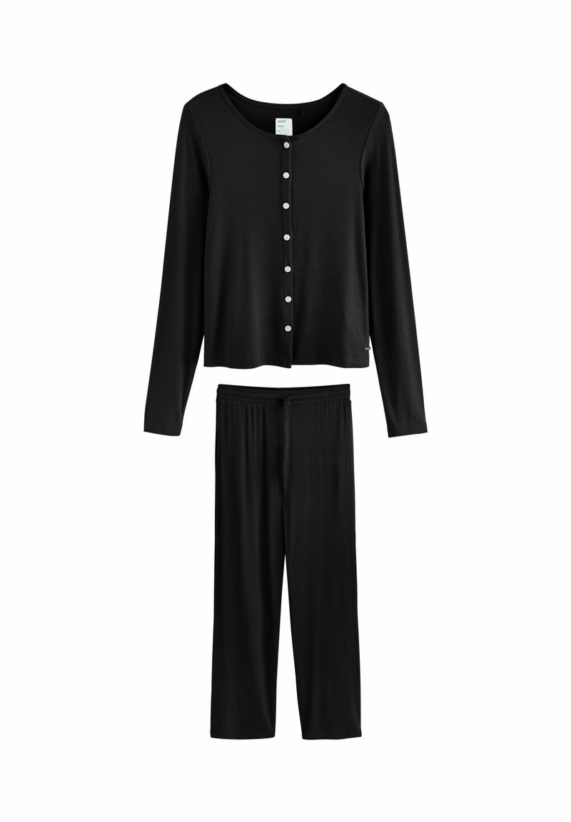Black ribbed long-sleeve top with button closure and black elastic-waist pants, featuring a relaxed fit and soft texture.
