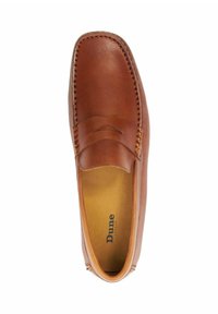 Brown leather slip-on shoe with a rounded toe, stitched accents, and a smooth finish; interior features a beige lining.
