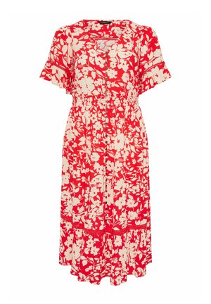 Czerwona sukienka midi w biały kwiatowy wzór, z krótkimi falującymi rękawami, zapinana na guziki z przodu, z elastyczną talią i falbankowanym dołem.