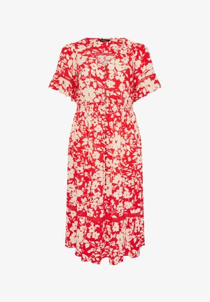 Rotes Midikleid mit weißem Blumenmuster, kurzen Rüschenärmeln, Knopfleiste vorne, elastischer Taille und Rüschensaum.