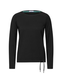 Mustapaitainen pitkähiha, jossa on teksturoitu kuvio, pyöreä kaula-aukko ja nauhakuja helman kohdalla. Valmistettu pehmeästä kankaasta.