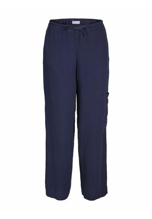Navy plave platnene hlače s opuštenim krojem, elastičnim pojasom s vezicom i detaljima bočnih džepova. Glatka tekstura i kroj ravnih nogavica.