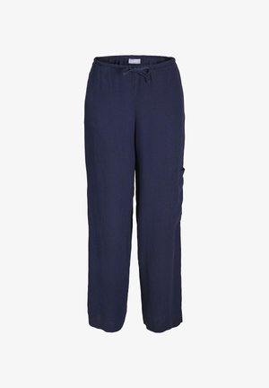Pantalones de lino azul marino con corte relajado, cintura elástica con cordón ajustable y detalle de bolsillo lateral. Textura suave y diseño de pierna recta.