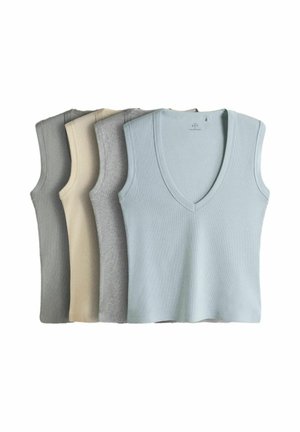 Set de cinci topuri tricotate fără mâneci cu decolteu în V în culori pastelate și neutre, stivuite ordonat unul lângă altul.