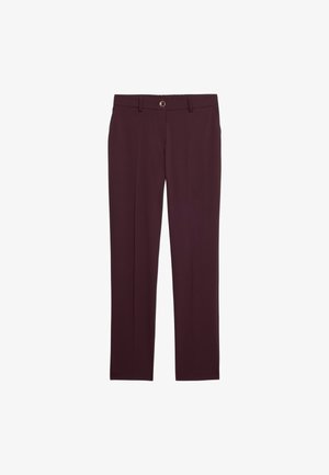 Burgunderfarbene maßgeschneiderte Hose mit geradem Schnitt, aus einem glatten Stoff, mit Gürtelschlaufen und einem einzelnen Knopfverschluss vorne.