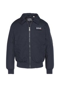 Cazadora bomber de la Marina hecha de nylon. Cuenta con cierre de cremallera, puños y dobladillo acanalados, bolsillos frontales y un parche con el logo en el pecho.