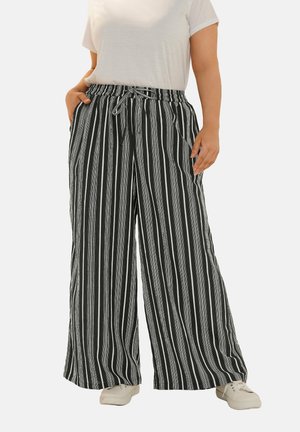 Zwart-witte gestreepte wijde broek met een verstelbare taille, gemaakt van een lichtgewicht stof, en featuring twee zijzakken.