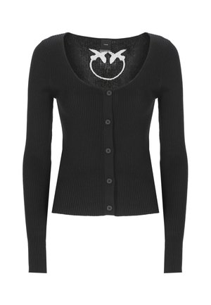 Cardigan nero a costine con scollo a barca, maniche lunghe e chiusura frontale a sei bottoni. Presenta un piccolo logo sul colletto interno.