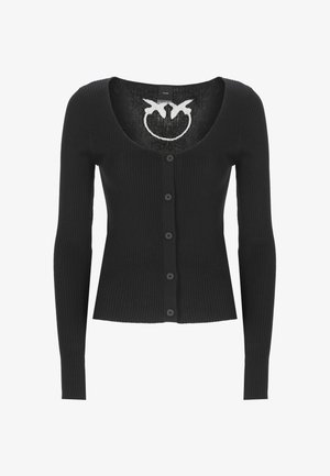 Cardigan nero a costine con scollo a barca, maniche lunghe e chiusura frontale a sei bottoni. Presenta un piccolo logo sul colletto interno.