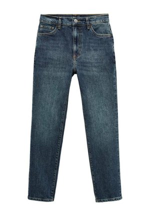 Mørkeblå denim jeans med lige ben, frontlommer og knaplukning. Stoffet har en klassisk, let tekstur med diskrete syninger.