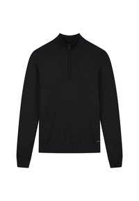 Pulover negru cu guler înalt și design cu fermoar pe jumătate. Textură de tricot neted și manșete și tiv cu țesătură rigides. Accentuare subtilă a logo-ului în partea de jos.