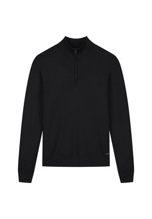 Sort pullover sweater med høj krave og halv lynlås design. Glat strikket tekstur og ribbede manchetter og kant. Subtil logoaccent i bunden.