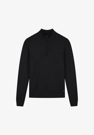 Zwarte pullover trui met een hoge kraag en een halve rits. Glad breiwerk met ribgebreide mouwen en onderrand. Subtiele logo-accent aan de onderkant.