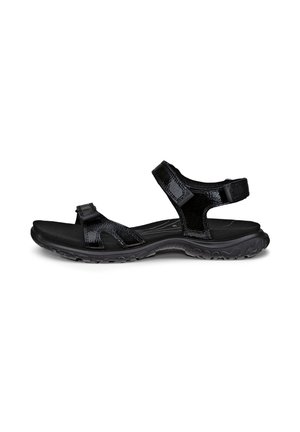 Black sandals featuring patent straps, adjustable hook-and-loop closures, and a textured rubber sole for grip and comfort.