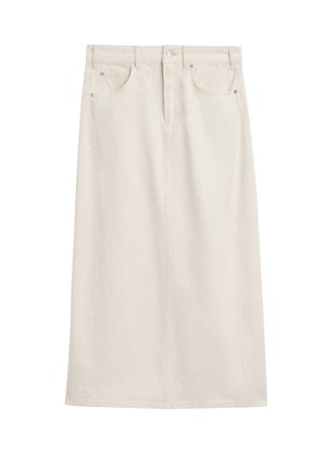 Beige denim rok van halflange lengte met knopen aan de voorkant, riemlussen, twee voorzakken en een rechte snit.