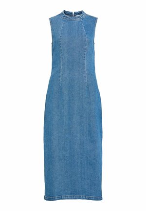Mėlyna džinsinė midi suknelė be rankovių, aukštu kaklu ir užtrauktuku nugarinėje dalyje, priekinėse skydelio dalyse yra vertikalios siūlių detalės.