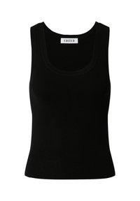 Schwarzes, geripptes Tanktop mit Rundhalsausschnitt und breiten Trägern, das eine taillierte Silhouette und eine glatte Textur aufweist. Das Etikett trägt die Aufschrift "EDITED."