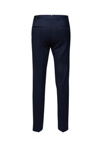 Marineblaue, maßgeschneiderte Hose aus glattem Stoff mit geradem Bein, ausgestattet mit zwei hinteren Taschen mit Knöpfen und einer flachen Vorderseite.