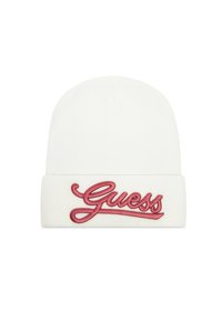 Berretto lavorato a maglia bianco con risvolto, decorato con il logo "Guess" ricamato in rosa. Tessuto morbido, parte superiore arrotondata e design pulito.