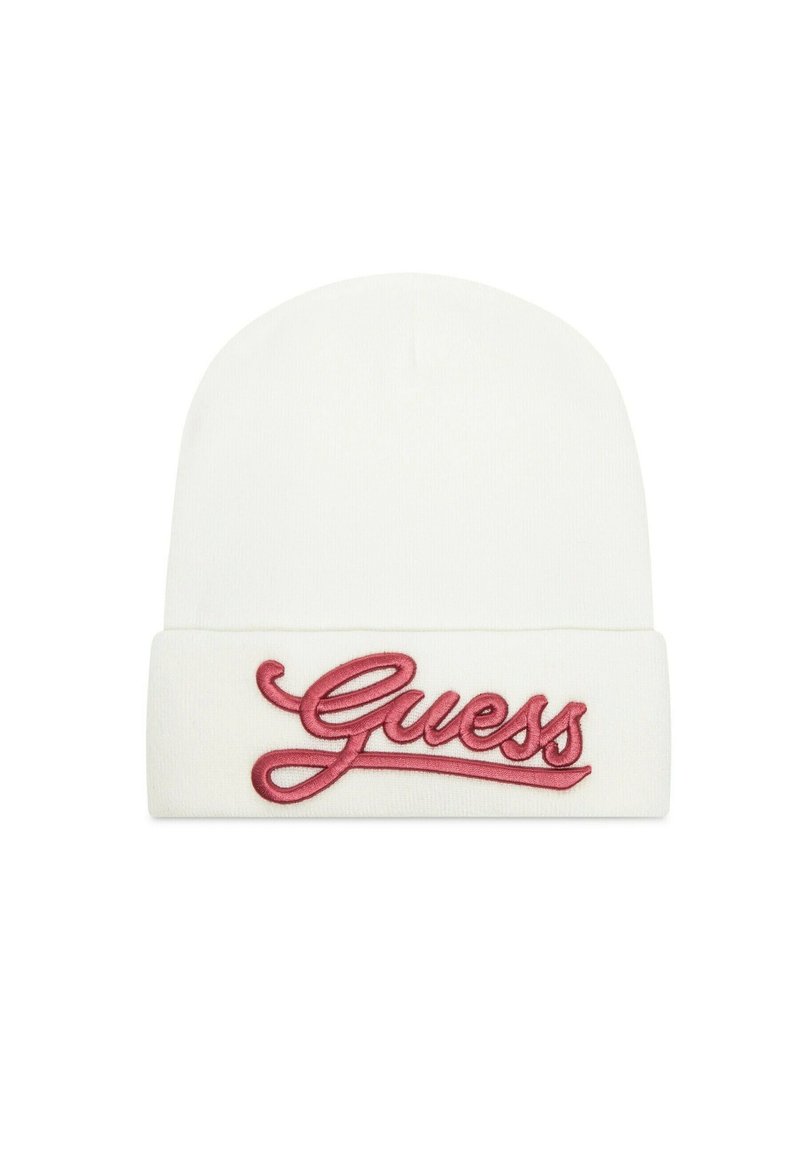 Berretto lavorato a maglia bianco con risvolto, decorato con il logo "Guess" ricamato in rosa. Tessuto morbido, parte superiore arrotondata e design pulito.