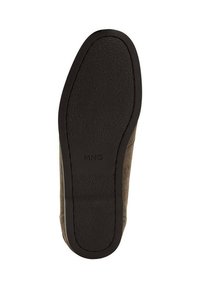 Brown suede shoe bottom with a textured black rubber outsole. Features MNG branding molded into the rubber near the heel.