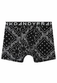Boxer briefs neri con un motivo a bandana paisley bianca e disegni intricati. Vita elasticizzata con logo "DANDYFRANK" in bianco.