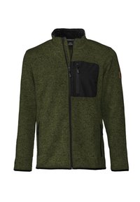 Grüne Fleecejacke mit einer schwarzen Reißverschlusstasche auf der Brust, Seitentaschen, hohem Kragen und kontrastierenden schwarzen Reißverschlussdetails.