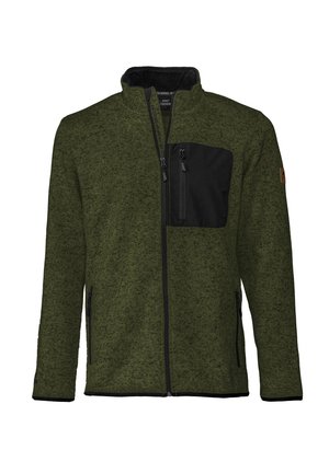 Green fleece jacket with a black zippered chest pocket, side pockets, high collar, and contrasting black zipper detailing.