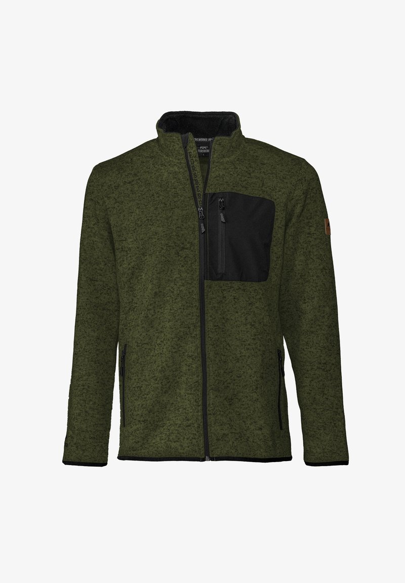 Grüne Fleecejacke mit einer schwarzen Reißverschlusstasche auf der Brust, Seitentaschen, hohem Kragen und kontrastierenden schwarzen Reißverschlussdetails.